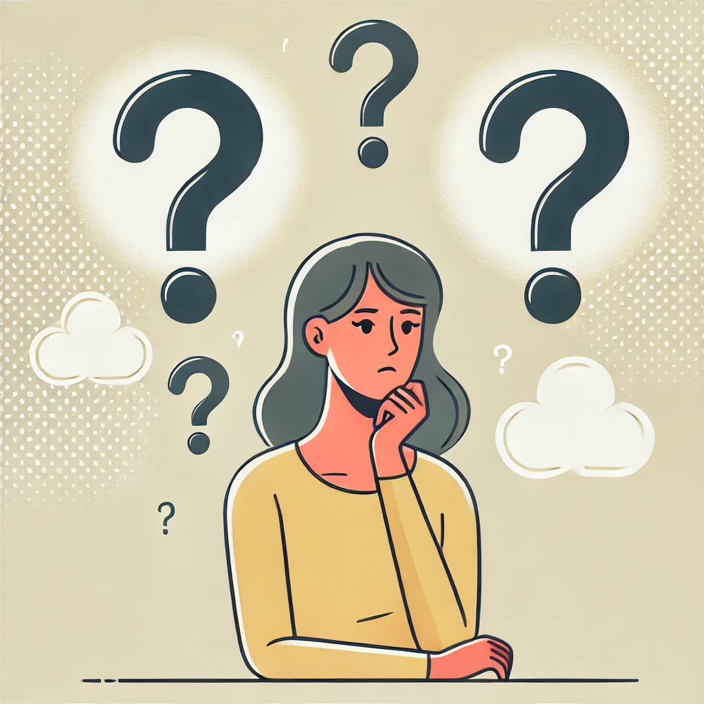 考え事をしている女性のイラスト。頭の上に3つの質問マークが浮かんでいるイメージ