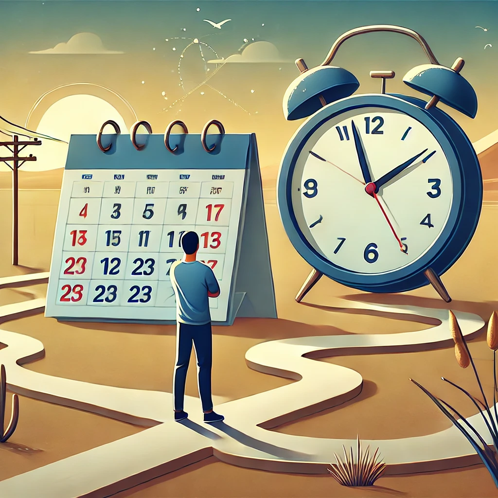 時計とカレンダーを背景に、道の先を考える人物のイラスト。決断のタイミングを象徴